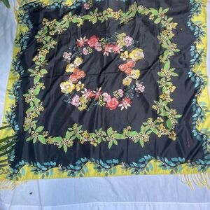 Johnny Was Black Floral Scarf silk fringe 44” X 44”